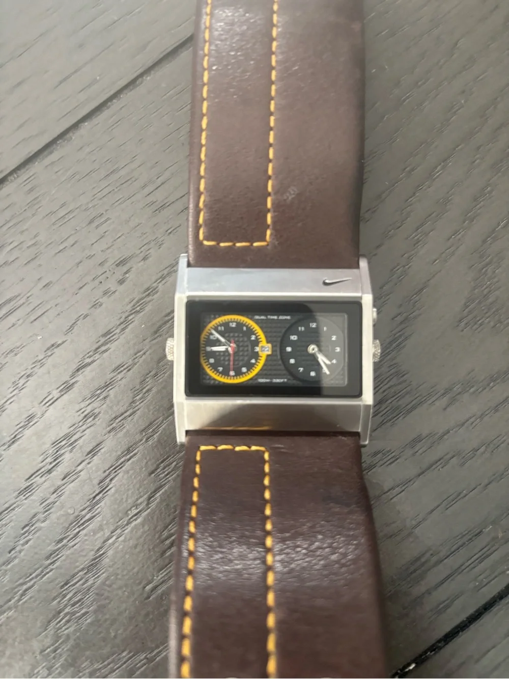 Nike WA0054 Oregon Dual Time Watch Y2K Brown Leather Cuff 100M Rare Vintage